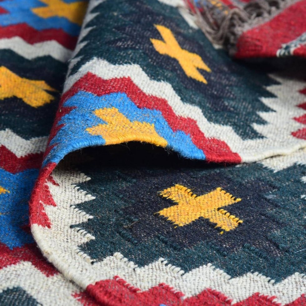Alfombra azteca kilim de lana y yute - Imagen 5