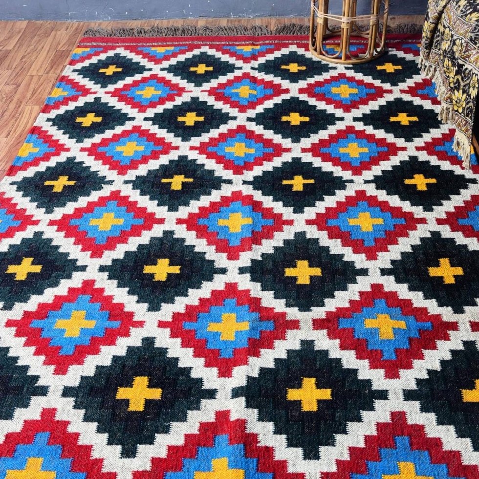 Alfombra azteca kilim de lana y yute - Imagen 2