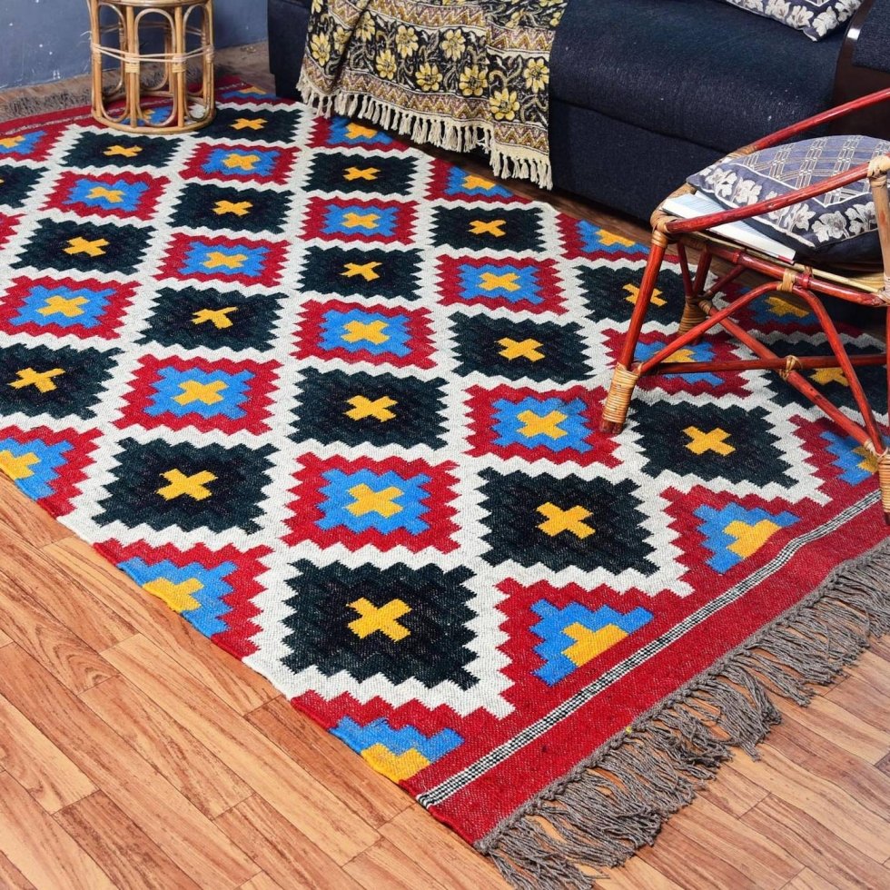 Alfombra azteca kilim de lana y yute