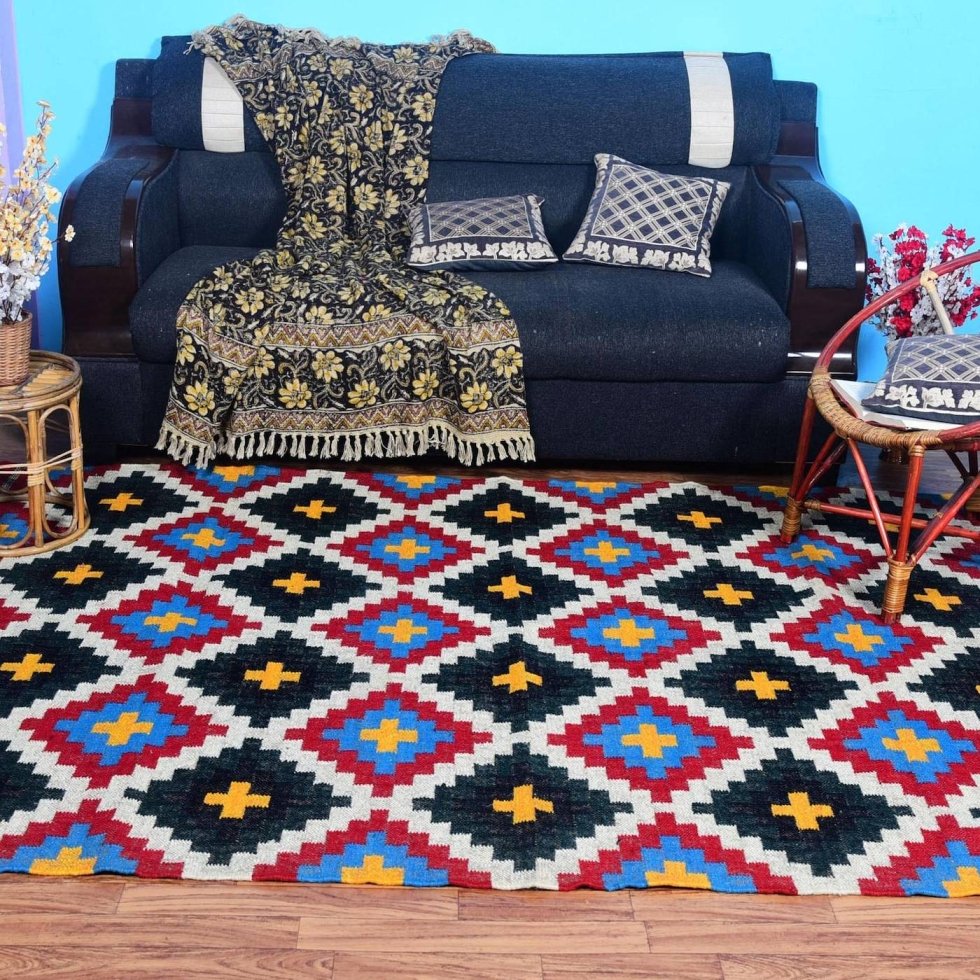 Alfombra azteca kilim de lana y yute - Imagen 3
