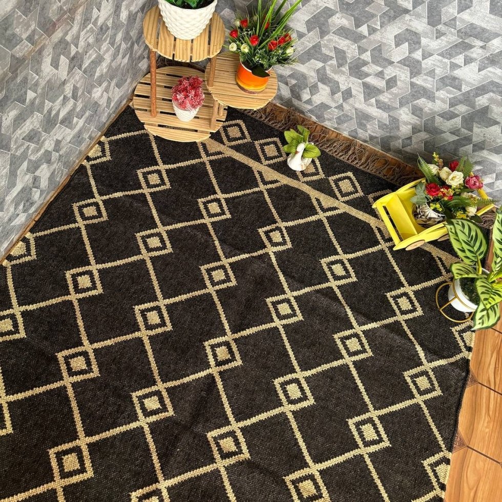 Alfombra de yute de lana diamante negro y natural - Imagen 3