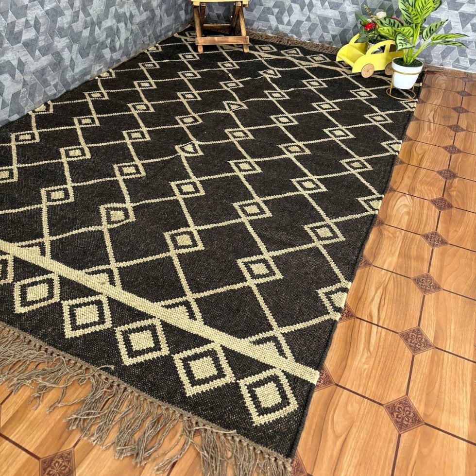 Alfombra de yute de lana diamante negro y natural - Imagen 2