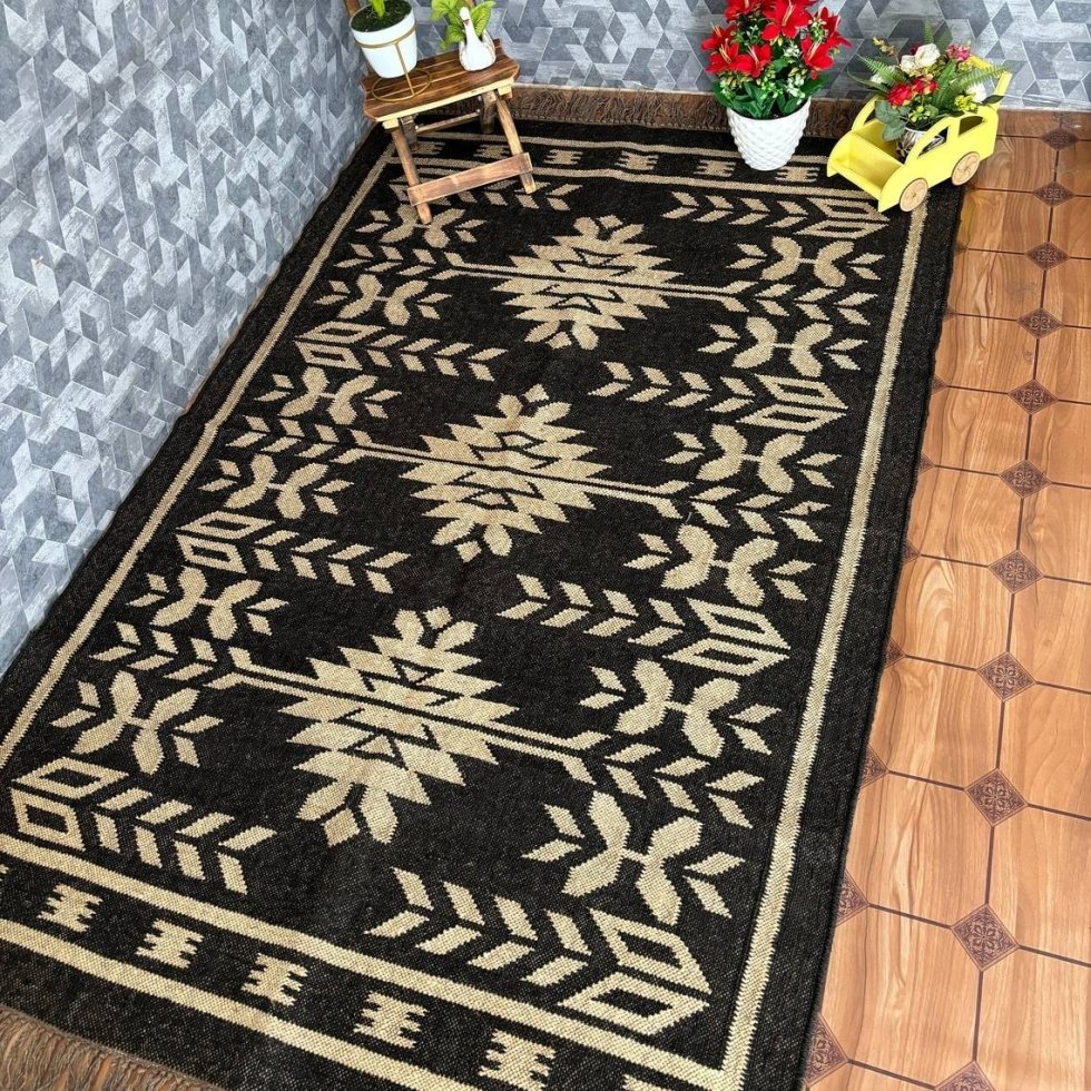 Alfombra de yute de lana en blanco y negro