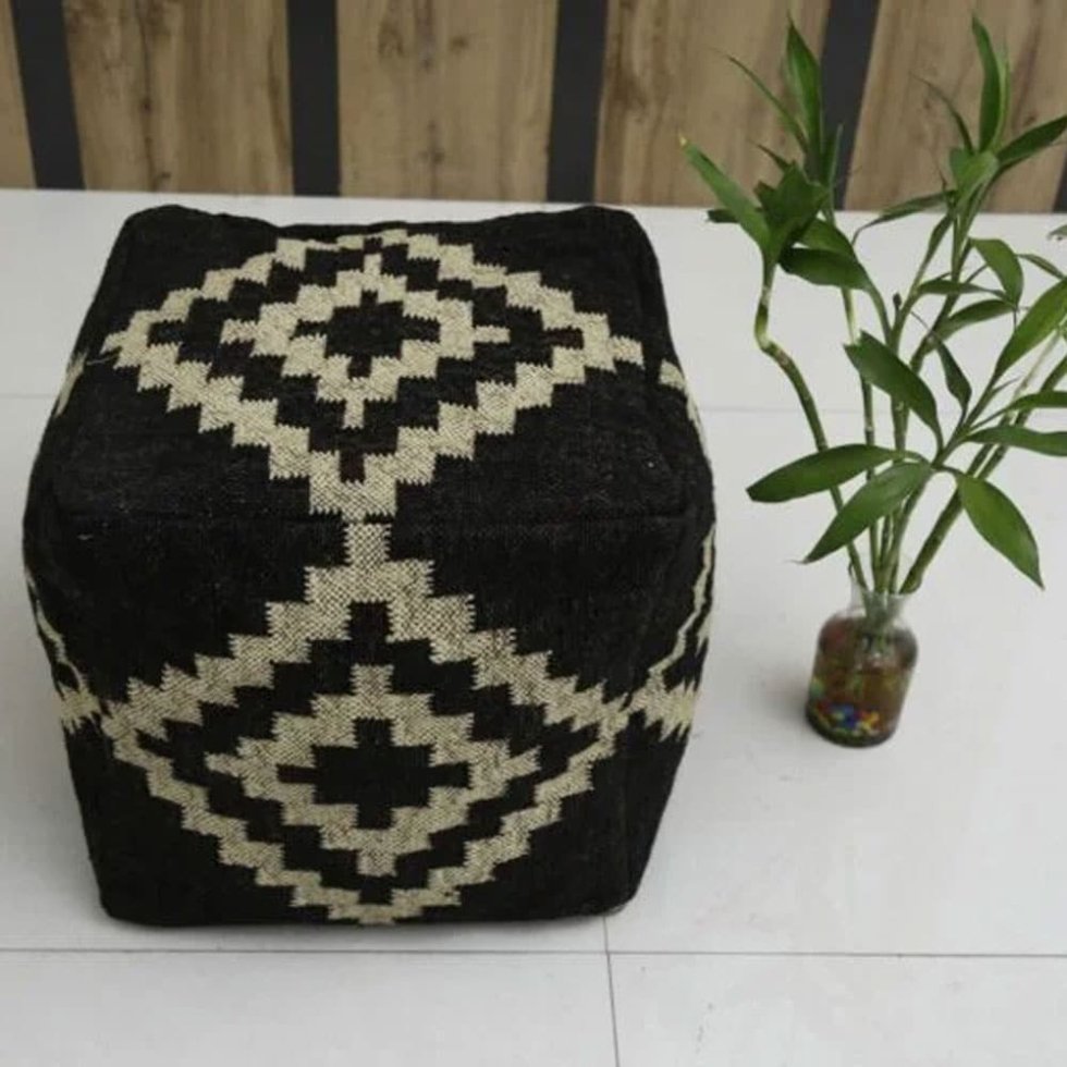 Puf negro diamante mezcla de yute - Imagen 2
