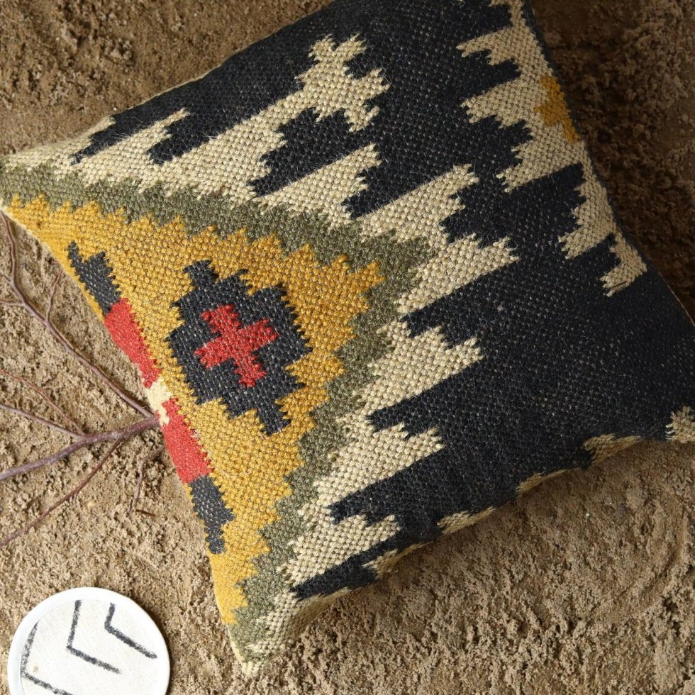 Almohada oriental negra de lana y yute - Imagen 2