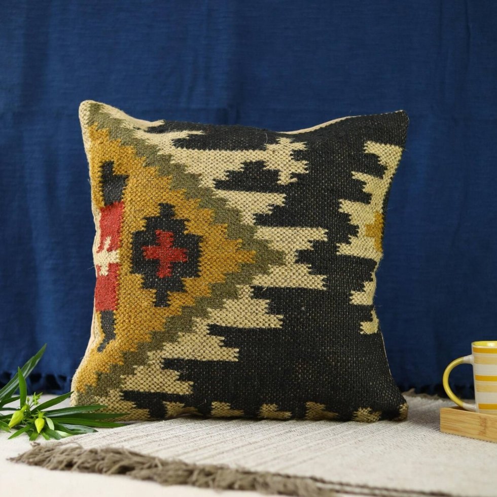 Almohada oriental negra de lana y yute - Imagen 3