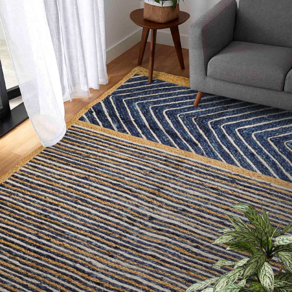Alfombra de yute trenzada de rayas y chevron azul