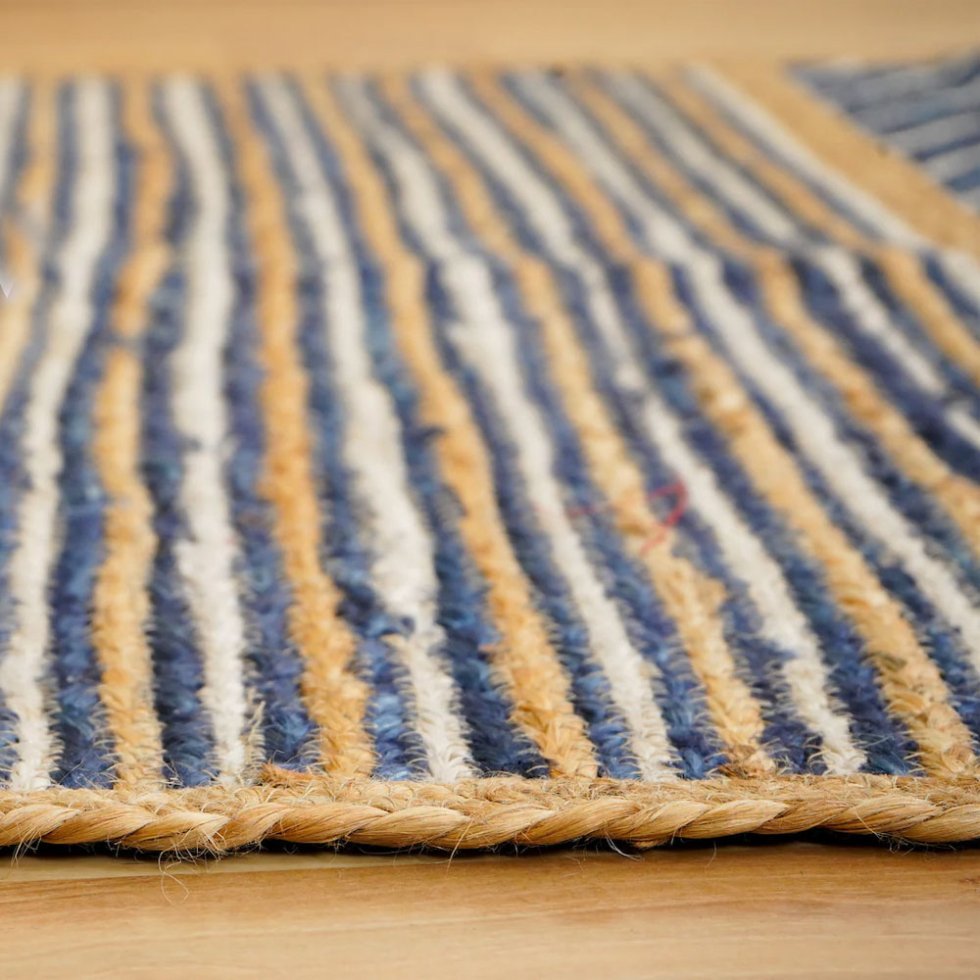 Alfombra de yute trenzada de rayas y chevron azul - Imagen 4
