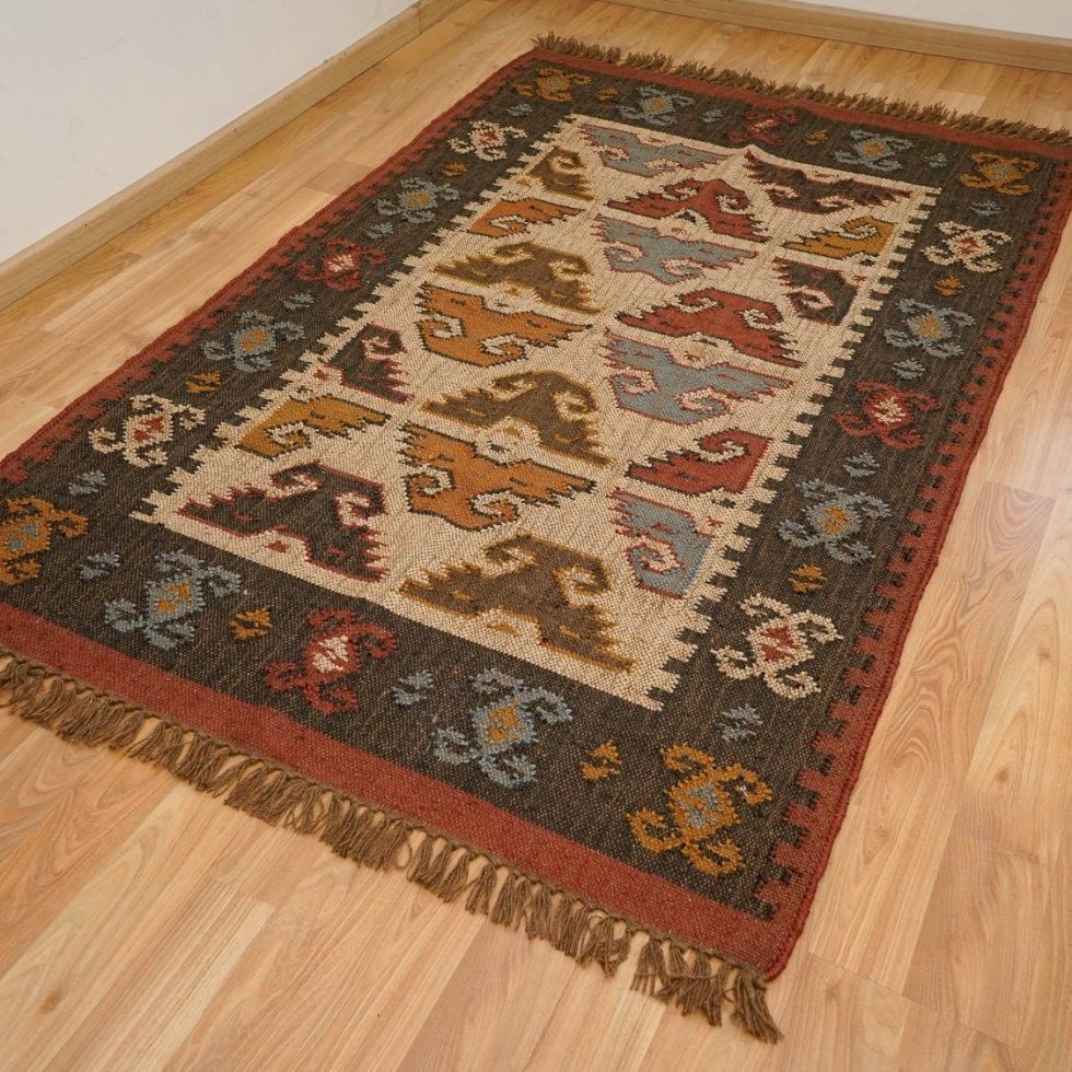 Alfombra étnica kilim de lana y yute - Imagen 2