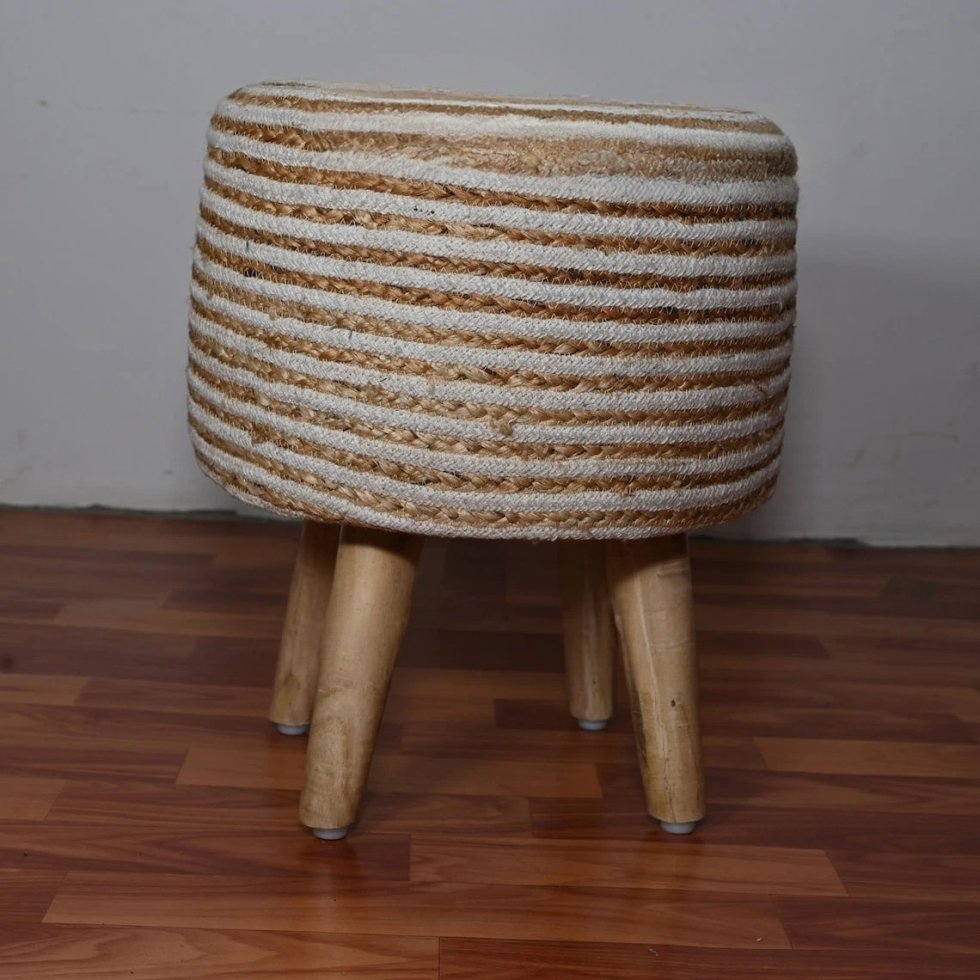 Puf otomano de yute de algodón natural y blanco