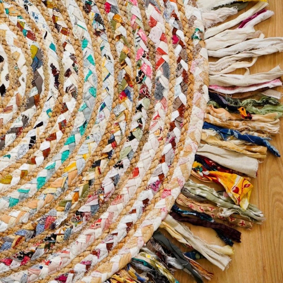 Alfombra redonda de yute chindi tejida a mano - Imagen 4