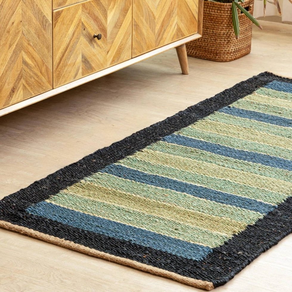 Alfombra a rayas de cáñamo y yute con borde negro - Imagen 3