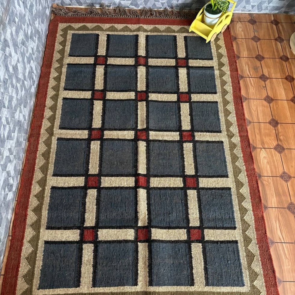 Alfombra kilim de yute de lana con borde rojo - Imagen 2