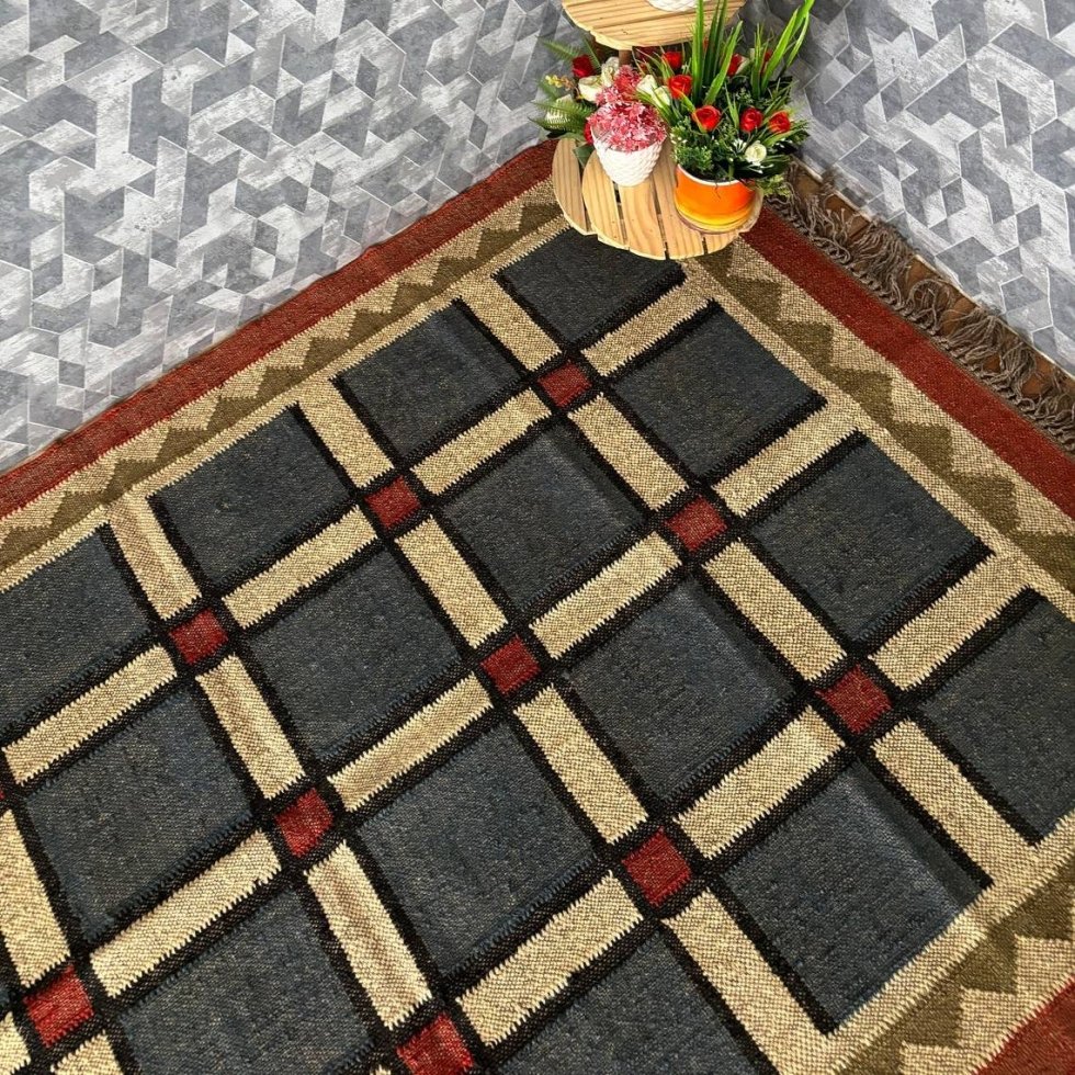 Alfombra kilim de yute de lana con borde rojo - Imagen 3