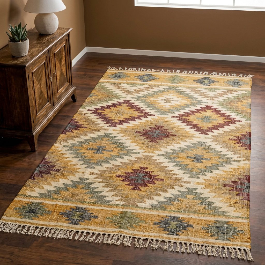 Alfombra azteca kilim de cáñamo y yute Aztec kilim hemp and jute area rug