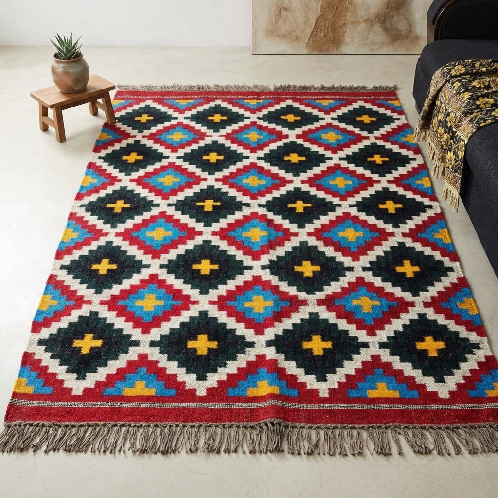 Alfombra azteca kilim de lana y yute Aztec wool and jute kilim rug