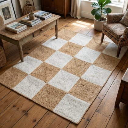 Beige and white checkerboard jute rug