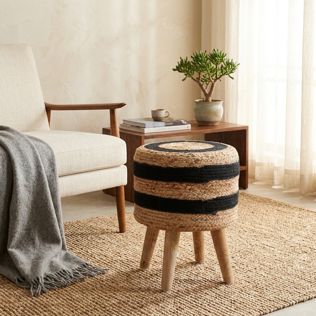 Otomana de yute trenzado negro y natural Black and natural braided jute ottoman