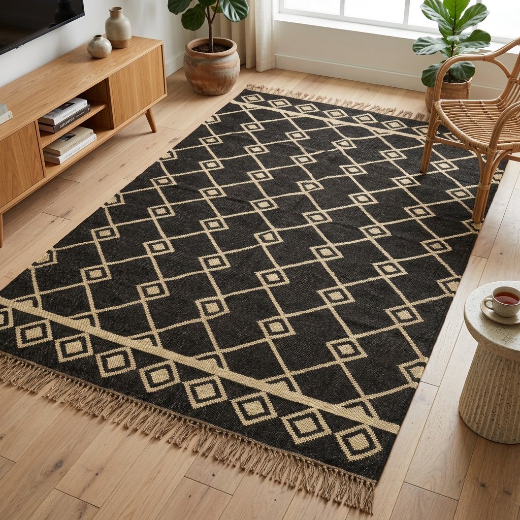 Alfombra de yute de lana diamante negro y natural Black and natural diamond wool jute rug