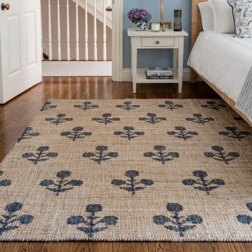 Alfombra de algodón y yute con flores negras Black flower cotton and jute rug