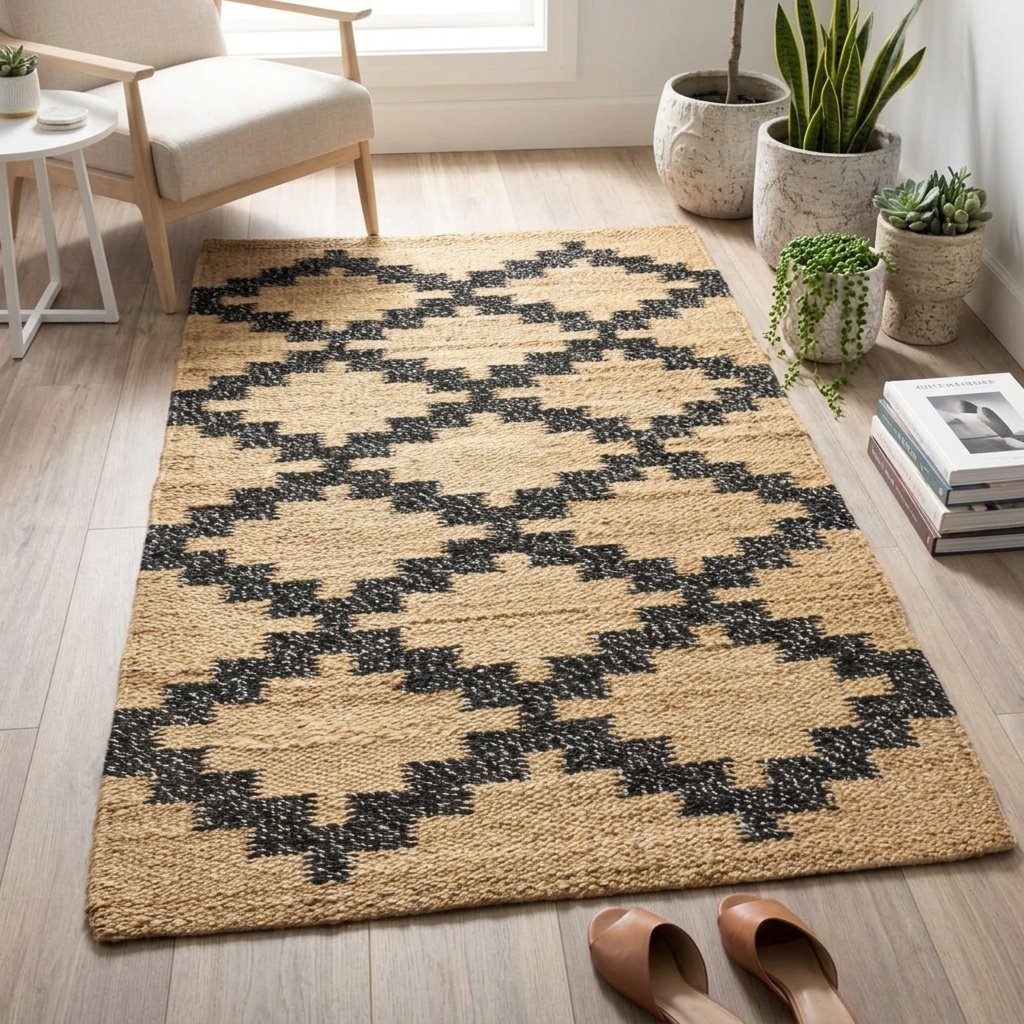 Alfombra geométrica negra de yute y cáñamo Black geometric woven hemp jute rug