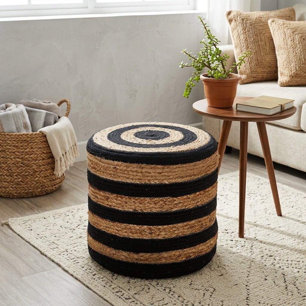 Puf otomano de yute y algodón trenzado a rayas negras Black striped braided cotton and jute pouf ottoman