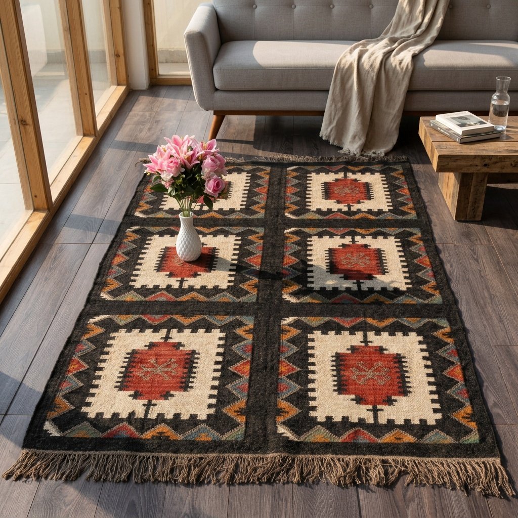 Alfombra kilim negra de lana y yute Black wool and jute kilim rug