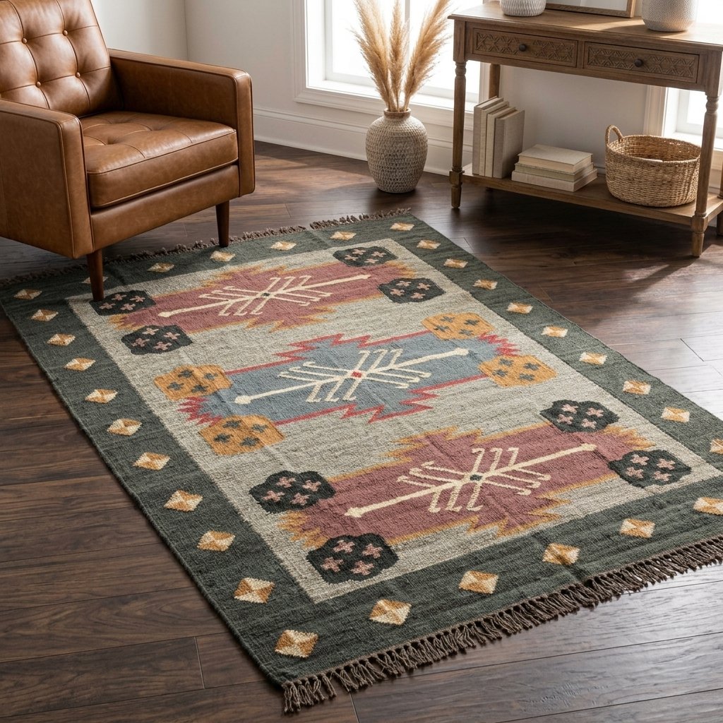 Alfombra kilim boho de lana yute Boho wool jute kilim rug