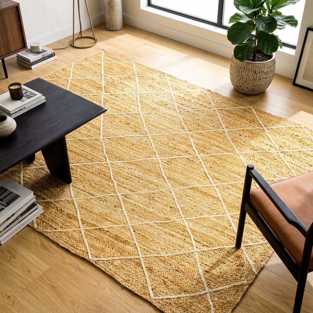 Alfombra de yute trenzado con textura de rombos blancos Braide jute rug with textured white diamond