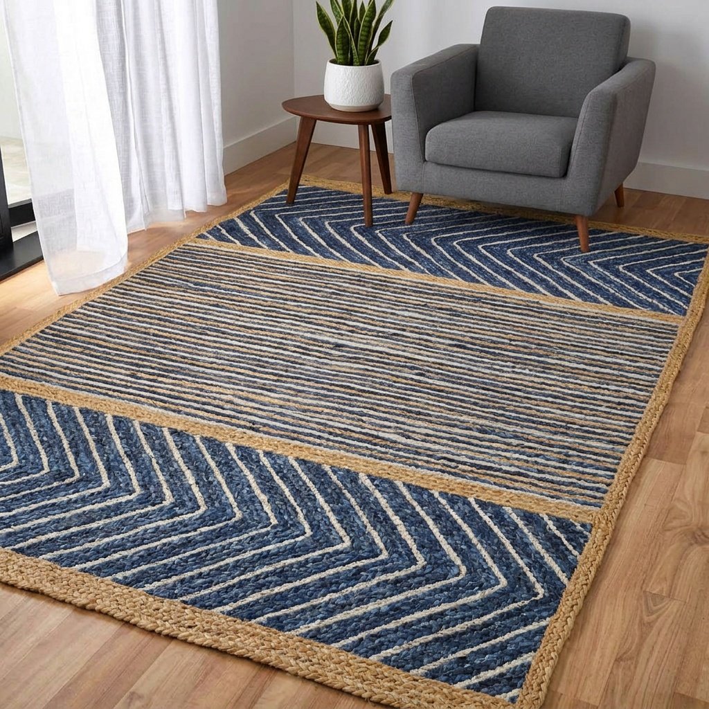 Alfombra de yute trenzada de rayas y chevron azul Braided blue chevron and striped jute rug