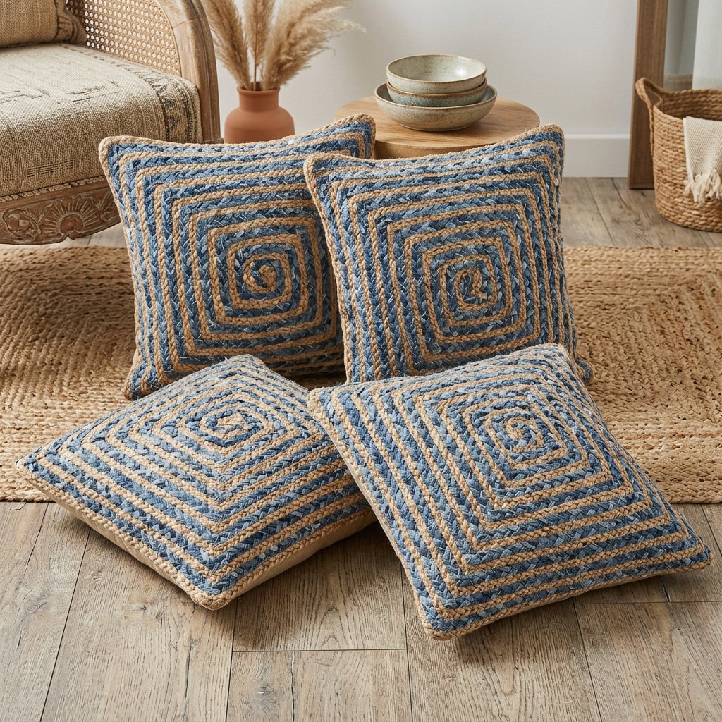 Juego de almohadas de yute vaquero trenzado Braided denim jute pillows set