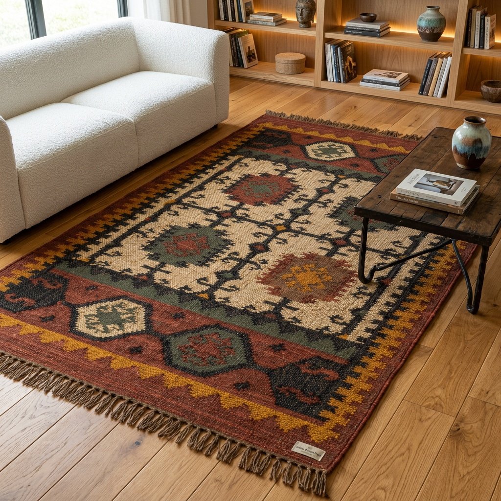 Alfombra navajo marrón de lana y yute Brown navajo wool and jute rug