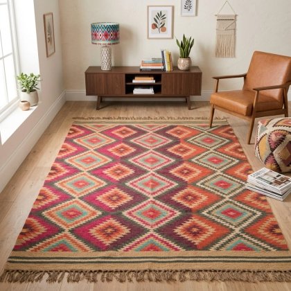 Coloured diamond wool and jute rug