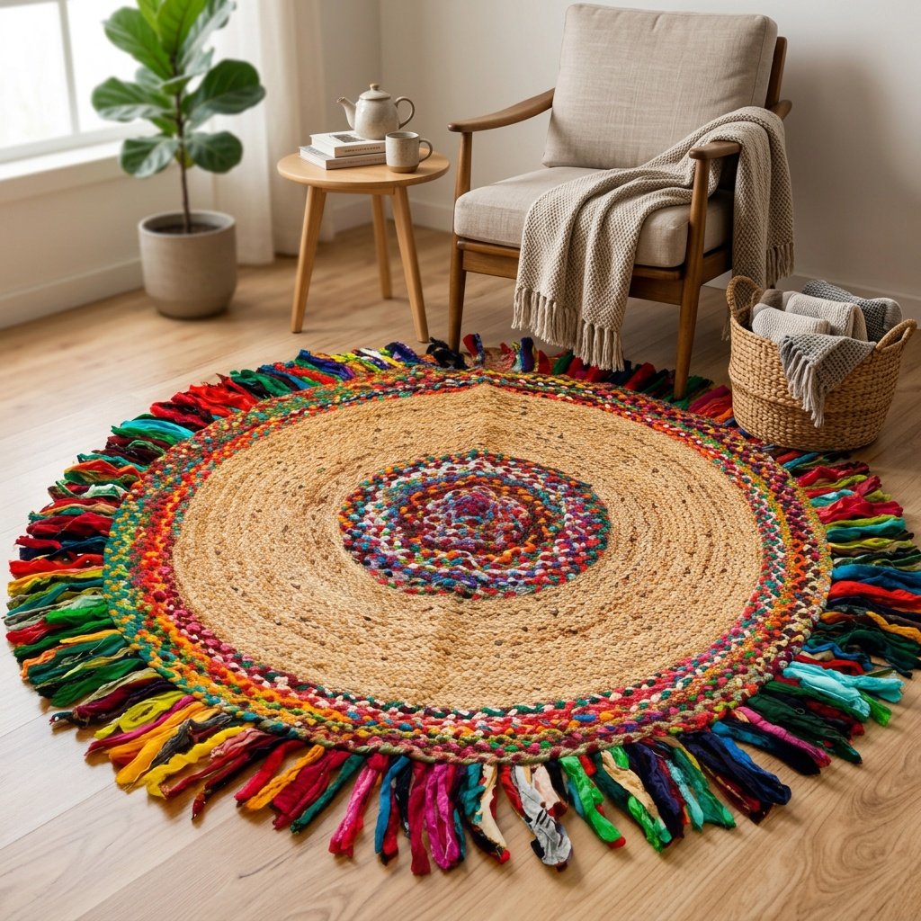 Alfombra redonda de yute de algodón con borlas multicolores Cotton jute rug round with multicolor tassels