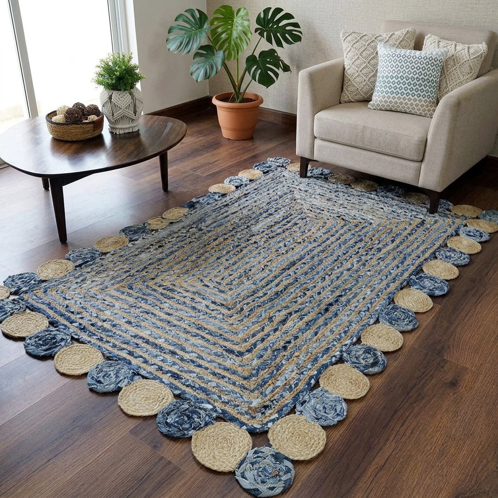 Alfombra de tela vaquera y yute Denim and jute area rug
