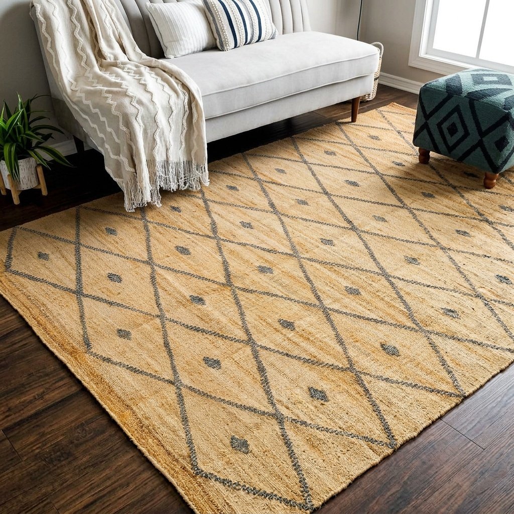 Alfombra de yute diamante con lunares carbón Diamond jute area rug with charcoal dots