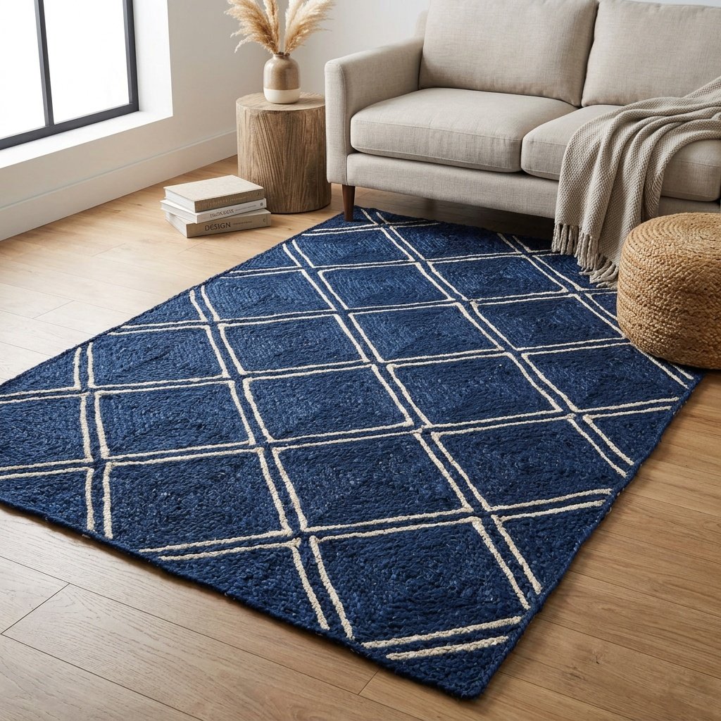 Alfombra de yute azul marino diamante Diamond navy blue jute rug