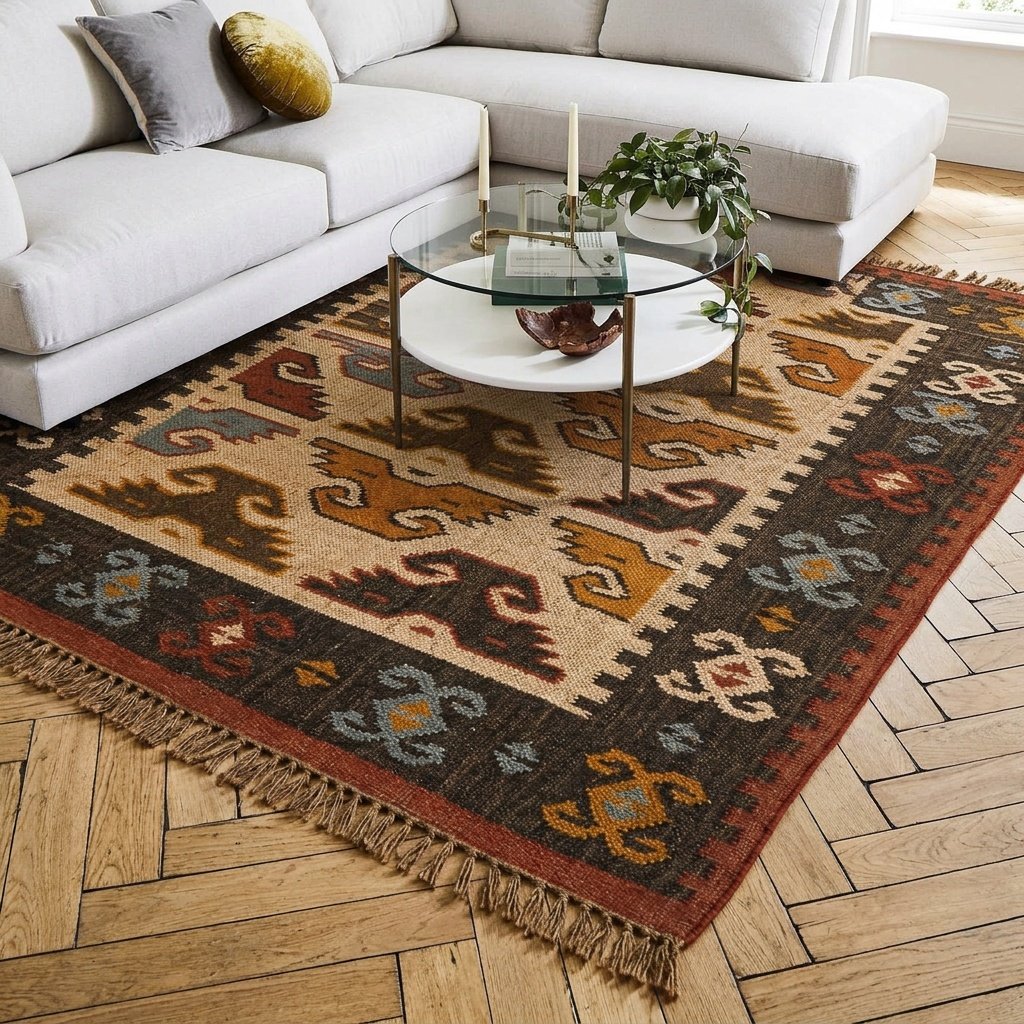 Alfombra étnica kilim de lana y yute Ethnic kilim wool and jute rug