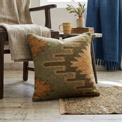 Green oriental wool and jute pillows