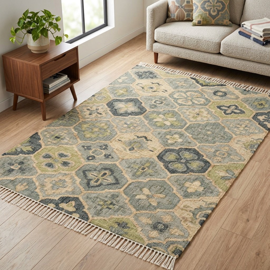 Alfombra verde enrejada de mezcla de yute Green trellis pattern jute blend rug