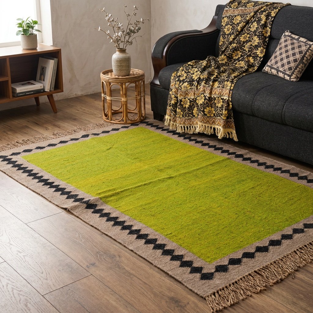 Alfombra verde de lana y yute Green wool and jute rug