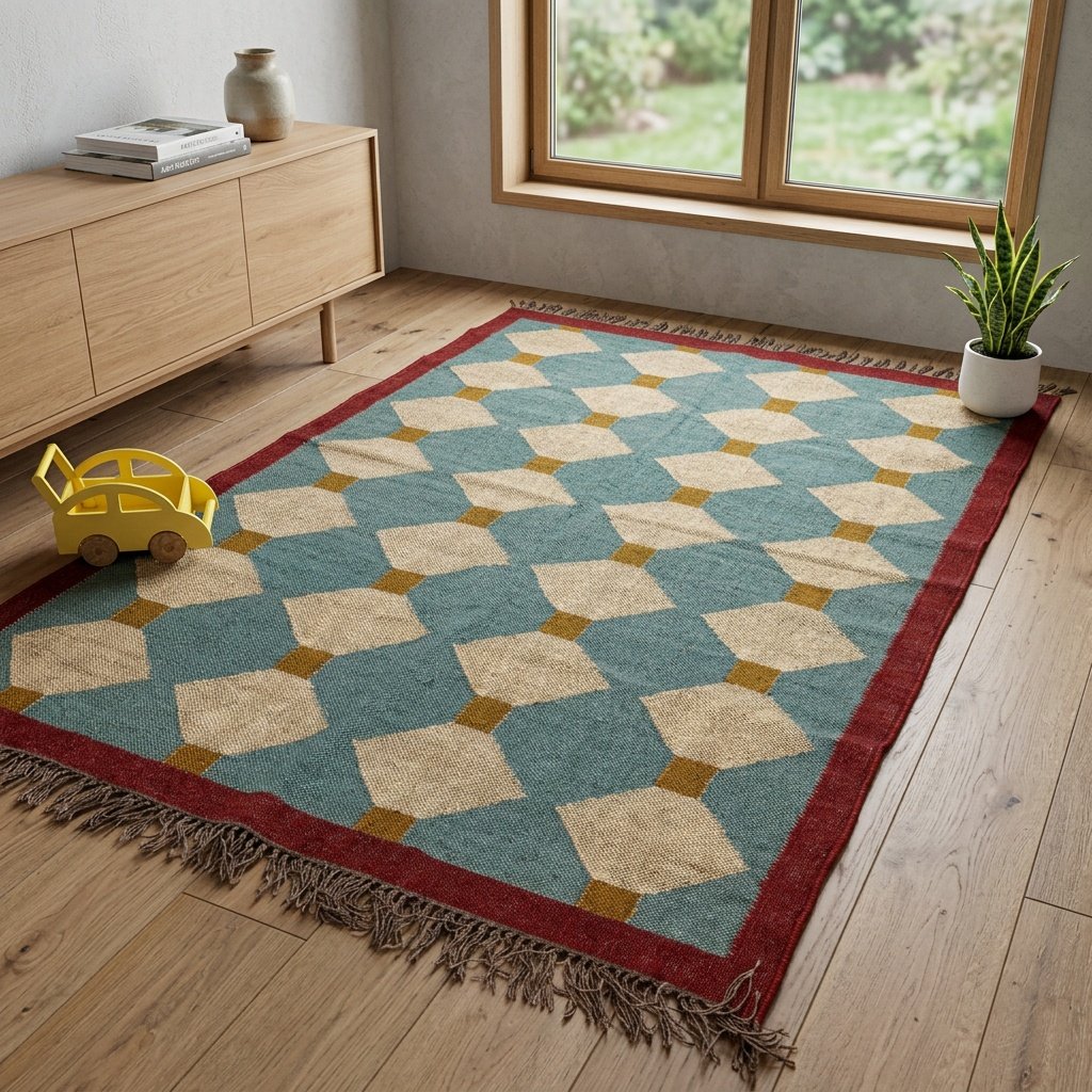 Alfombra verde tejida en lana y yute Green woven wool and jute rug