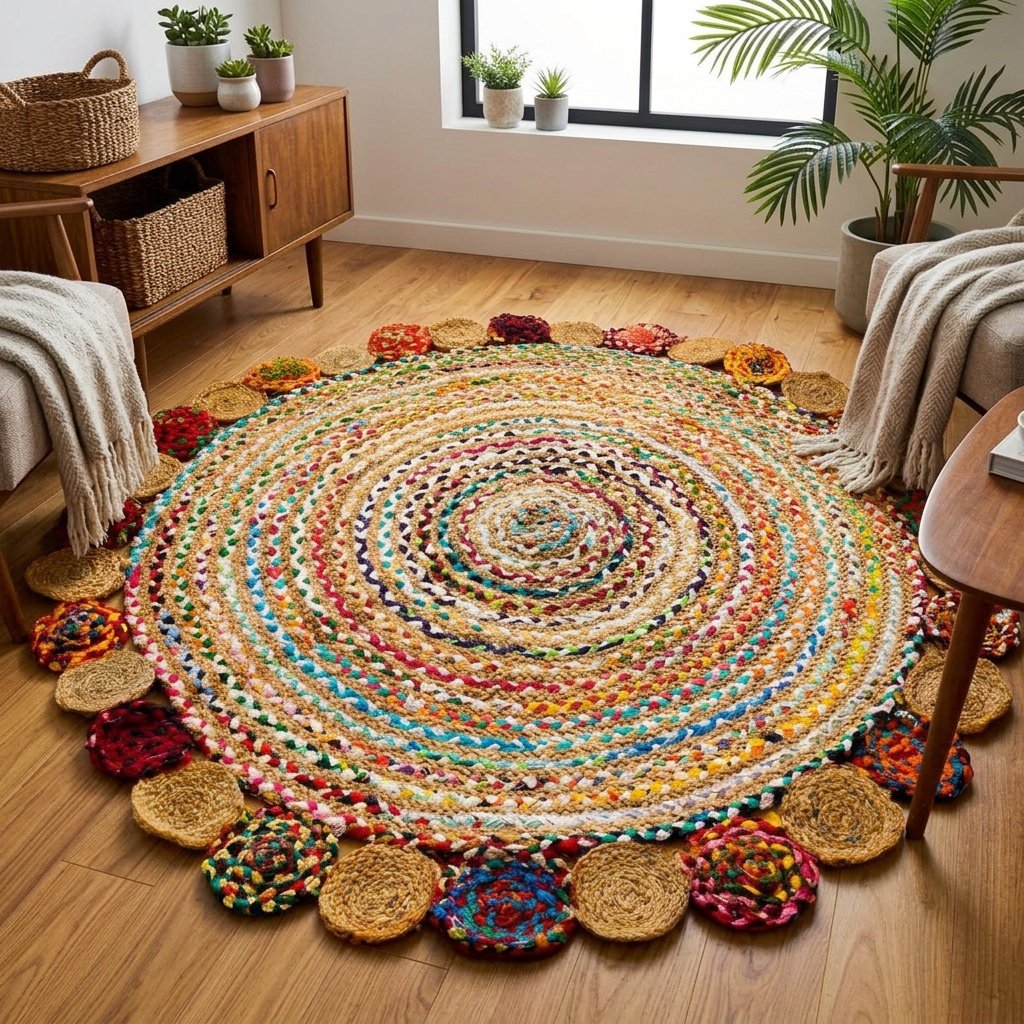 Alfombra redonda chindi trenzada a mano Hand braided chindi round rug