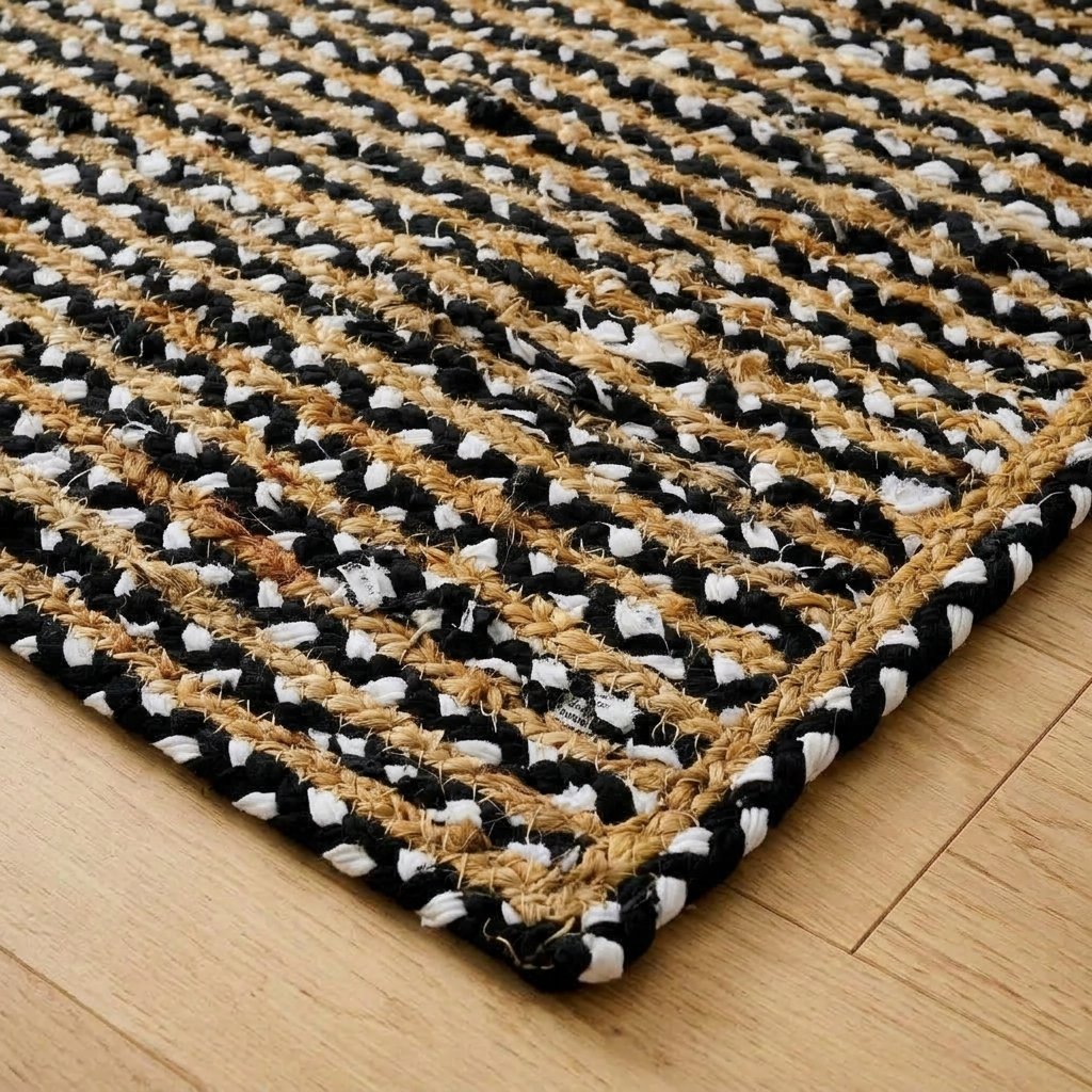 Alfombra artesanal de yute y algodón en blanco y negro Handmade black and white cotton jute rug