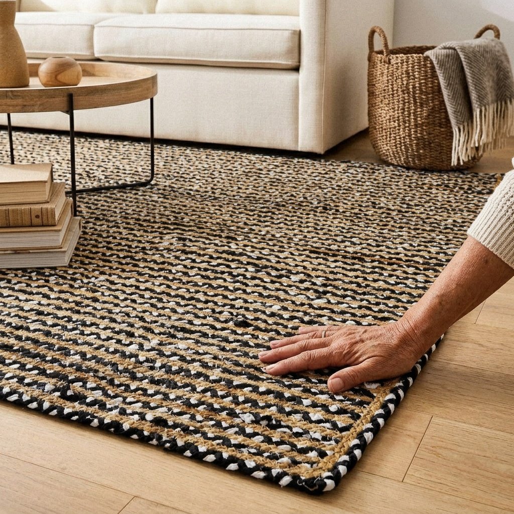 Alfombra artesanal de yute y algodón en blanco y negro Handmade black and white cotton jute rug