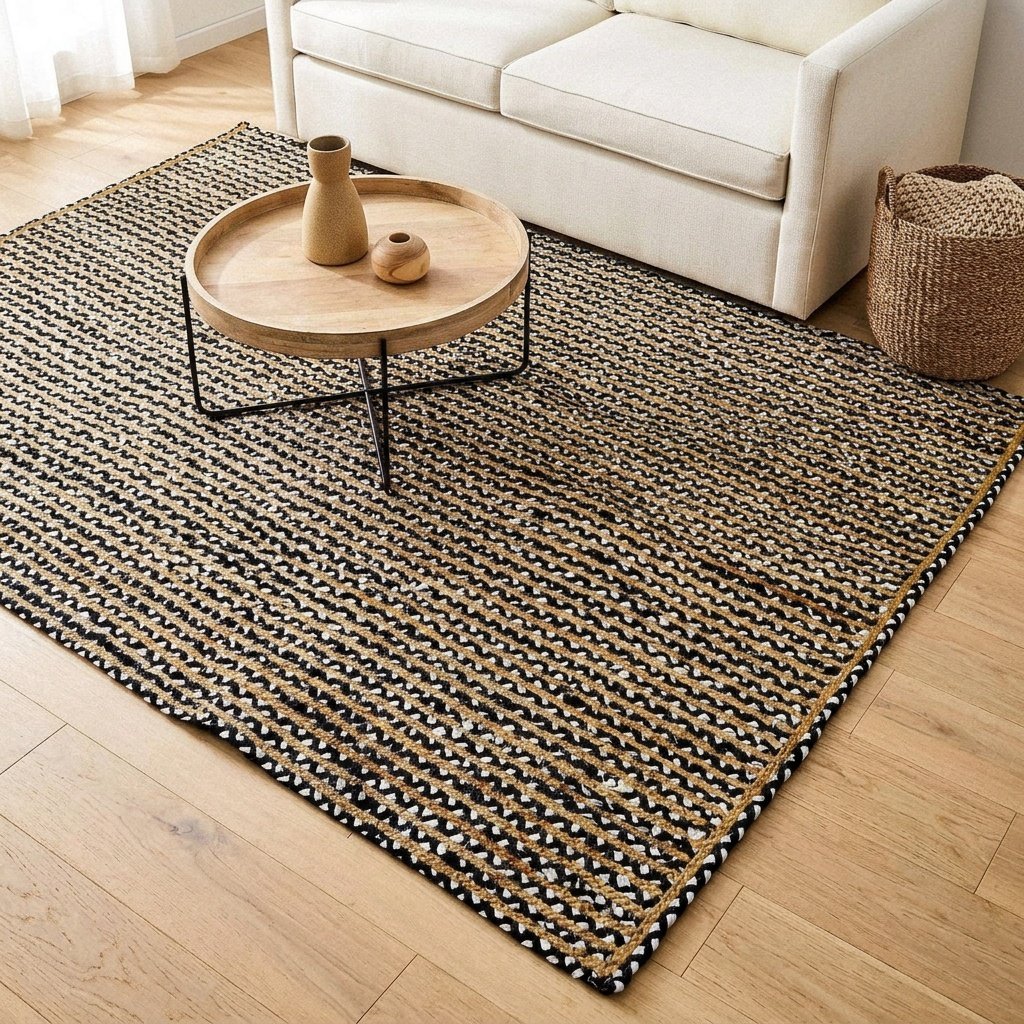 Alfombra artesanal de yute y algodón en blanco y negro Handmade black and white cotton jute rug