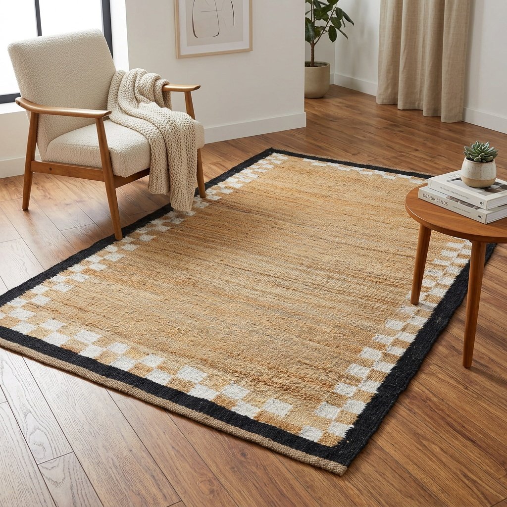 Alfombra de yute con borde a cuadros Jute rug with checkered border