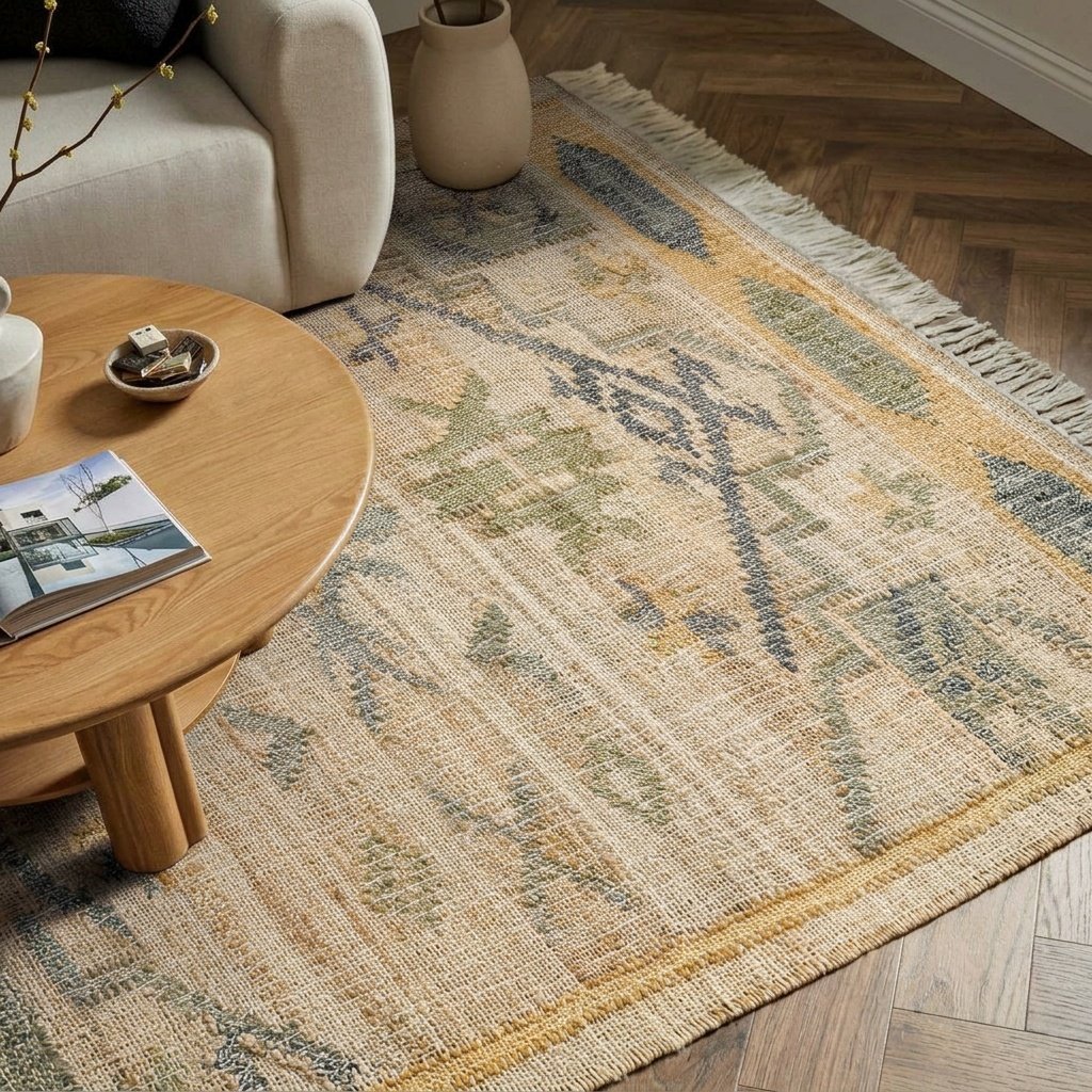 Alfombra reticular de yute de algodón con lunares de color carbón Lattice cotton jute rug with charcoal dots
