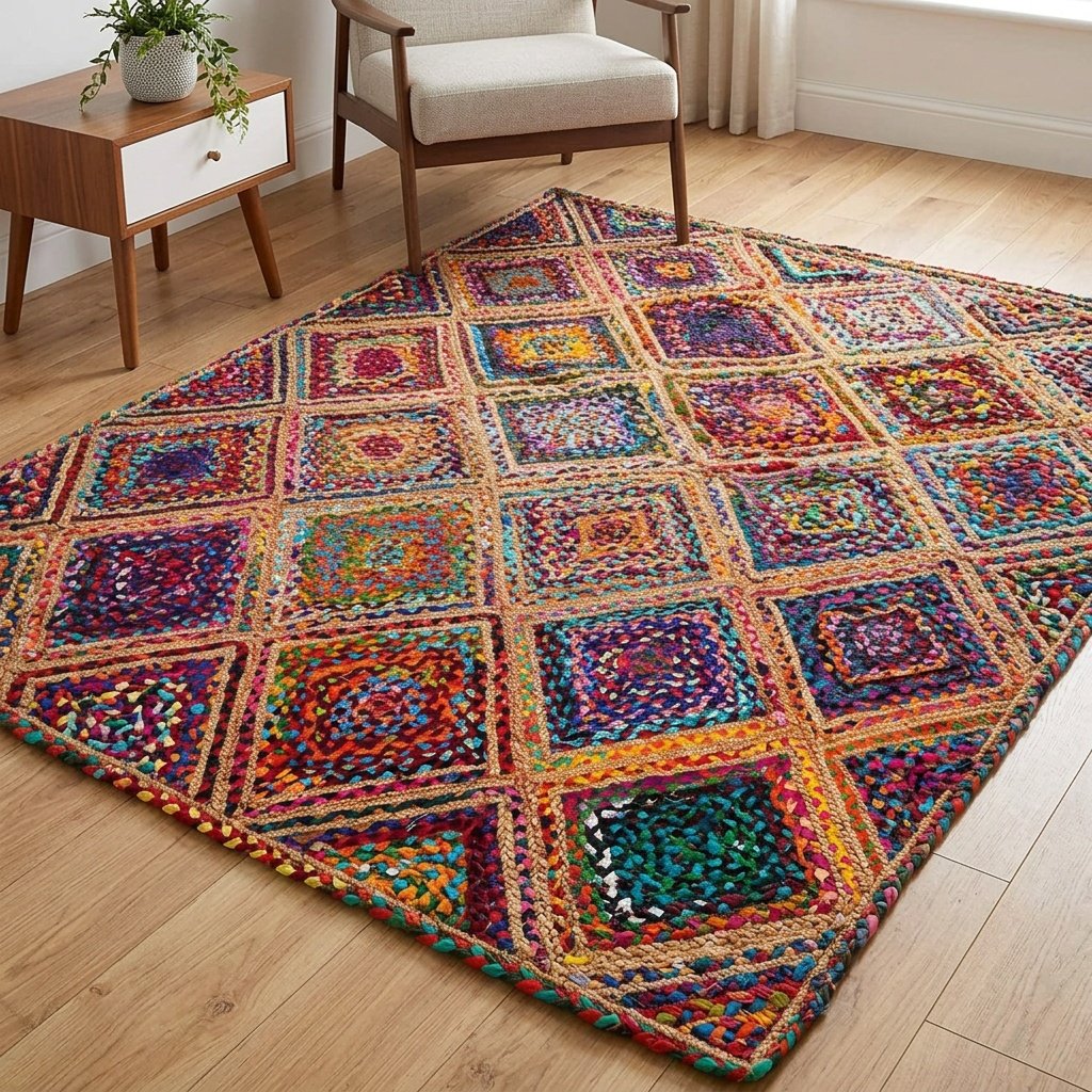 Alfombra Diamante multicolor de algodón y yute Multicolor Diamond cotton and jute rug