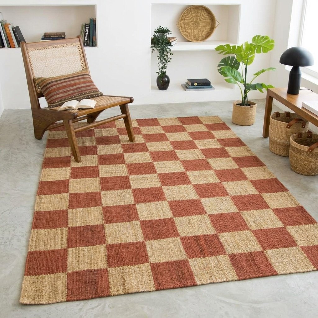 Alfombra a cuadros de yute de cáñamo natural y óxido Natural and rust hemp jute checkered rug